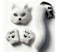 kowaku Children Roleplay Tail Costume Set With Gloves Resin Nylon Construction With Adjustable Straps And Printed Paw Pads suitable for Halloween parties photo shoots conventions, White