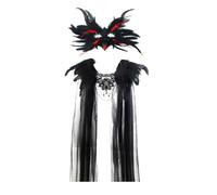 kowaku Gothic Masquerade Eye Visor with Shoulder Cape Translucent Feathered Visor with Cape Dramatic Accessory for Adults, One Size, Set A Feather Mask With Red Accents + Cape