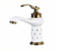 kowaku Single-Hole Faucet Decorative Single Hole Faucet Low-Bend for Washbasin, White Baked-Paint Finish with Diamond Decoration, Single-Handle Basin Faucet, Without Hoses, White and Gold