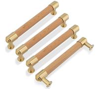 KOXHERO Modern Mid Century Brass and Wood Cabinet Pulls 5 Inch Center to Center Hole 4Pack Kitchen Drawer Handles Dresser Knob for Closet Cupboard Wardrobe, Brushed Finish,Gold
