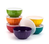KOXIN-KARLU 6-inch Melamine Fluted Bowls with Lids, 28-ounce Bowls for Snack and Cereal or Salad, set of 6 Multicolor