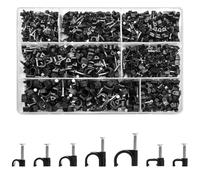 KOXXIAMOQ 700 Round/Flat Cable Clips Black, Cable Wire Nail Clips, Electrical Wall Pins Clip with Steel Nail Tacks, Cables Tidy Clip for Ethernet, 4mm 5mm 6mm 8mm 10mm