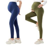 Koyojpoe Women's Maternity Leggings Adjustable Waistband/High-Waisted Yoga Pants/Over The Belly Pregnancy Casual Yoga Tights。 ,Navy Blu+Olive Drab,M