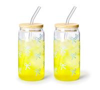 Koythin 2-Piece Glass Cups with Lids and Straws, Adorable Iced Coffee Tumbler for Tea Milk Smoothie Latte Juice, Bow Tie Glasses Drinking Set for Mom Girl Women, 17 oz/480 ml (Blue, Set of 2)