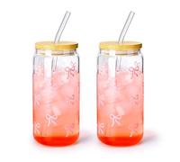 Koythin 2-Piece Glass Cups with Lids and Straws, Adorable Iced Coffee Tumbler for Tea Milk Smoothie Latte Juice, Bow Tie Glasses Drinking Set for Mom Girl Women, 17 oz/480 ml (Pink, Set of 2)