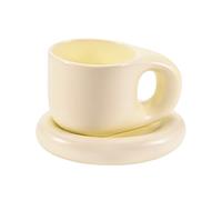 Koythin Ceramic Coffee Chubby Mug Saucer Set, Creative Cute Fat Handle Cup with Saucer for Office and Home, Dishwasher and Microwave Safe, 10 oz for Latte Tea Milk (Beige)