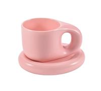 Koythin Ceramic Coffee Chubby Mug Saucer Set, Creative Cute Fat Handle Cup with Saucer for Office and Home, Dishwasher and Microwave Safe, 10 oz for Latte Tea Milk (Pink)