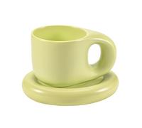 Koythin Ceramic Coffee Chubby Mug Saucer Set, Creative Cute Fat Handle Cup with Saucer for Office and Home, Dishwasher and Microwave Safe, 10 oz for Latte Tea Milk (Green)