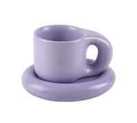 Koythin Ceramic Coffee Chubby Mug Saucer Set, Creative Cute Fat Handle Cup with Saucer for Office and Home, Dishwasher and Microwave Safe, 10 oz for Latte Tea Milk (Light Purple)