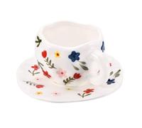 Koythin Ceramic Coffee Mug, Cute Pink Cup for Women with Saucer for Office and Home, Dishwasher and Microwave Safe, 10 oz/300 ml for Latte Tea Milk (White Floret)