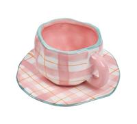 Koythin Ceramic Coffee Mug, Cute Pink Cup for Women with Saucer for Office and Home, Dishwasher and Microwave Safe, 10 oz/300 ml for Latte Tea Milk (Pink Check)
