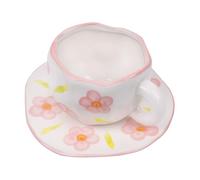 Koythin Ceramic Coffee Mug, Cute Pink Flowers Cup with Saucer for Office and Home, Dishwasher and Microwave Safe, 10 oz/300 ml for Latte Tea Milk (Pink Flowers)