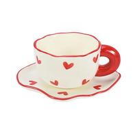 Koythin Ceramic Coffee Mug Saucer Set, Cute Creative Cup with Heart Pattern Saucer Design for Office and Home, Dishwasher and Microwave Safe, 6 oz/180 ml for Latte Tea Milk (Red Heart)