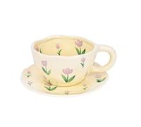 Koythin Ceramic Coffee Mug with Saucer, Cute Flower Cup for Office and Home, 8.5 oz/250 ml for Latte Tea Milk, Fruit Mugs Suitable for Mom on Mother's Day (Purple Tulip)