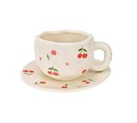 Koythin Ceramic Coffee Mug with Saucer Set, Creative Cute Cherry Cup Unique Irregular Design for Office and Home, 10 oz/300 ml for Latte Tea Milk