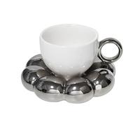 Koythin Ceramic Coffee Mug with Saucer Set, Creative Cute Cup with Sunflower Coaster for Office and Home, 6.5 oz/200 ml for Tea Latte Milk (Electroplating White and Silver)