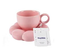 Koythin Ceramic Coffee Mug with Saucer Set, Creative Cute Cup with Sunflower Coaster for Office and Home, 6.5 oz/200 ml for Tea Latte Milk, Suitable for Mom on Mother's Day (Peach Pink)