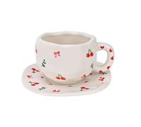 Koythin Ceramic Coffee Mug with Saucer Set, Cute Creative Cherry Bow Cup Unique Irregular Design for Office and Home, 10 oz/300 ml for Latte Tea Milk