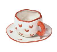 Koythin Ceramic Coffee Mug with Saucer Set, Cute Creative Cup Unique Irregular Design for Office and Home, Dishwasher and Microwave Safe, 10 oz/300 ml for Latte Tea Milk (Red Heart)