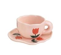 Koythin Ceramic Coffee Mug with Saucer Set, Cute Creative Cup Unique Irregular Saucer Design for Office and Home, Dishwasher and Microwave Safe, 6 oz/180 ml for Latte Tea Milk (Pink Tulips)