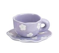 Koythin Ceramic Coffee Mug with Saucer Set, Cute Creative Cup Unique Irregular Saucer Design for Office and Home, 6 oz/180 ml for Latte Tea Milk (Purple Flower)