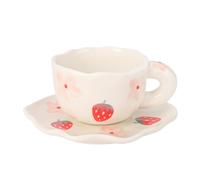 Koythin Ceramic Coffee Mug with Saucer Set, Cute Creative Cup Unique Irregular Saucer Design for Office and Home, 6 oz/180 ml for Latte Tea Milk (Strawberries and Flowers)