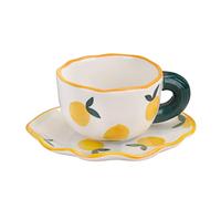Koythin Ceramic Coffee Mug with Saucer Set, Cute Creative Cup Unique Irregular Saucer Design for Office and Home, Dishwasher and Microwave Safe, 6 oz/180 ml for Latte Tea Milk (Fresh Orange)