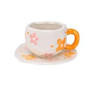 Koythin Ceramic Coffee Mug with Saucer Set, Cute Creative Orange Flower Cup Unique Irregular Design for Office and Home, 10 oz/300 ml for Latte Tea Milk