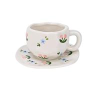 Koythin Ceramic Coffee Mug with Saucer Set, Cute Creative Pink and Blue Floral Cup Unique Irregular Design for Office and Home, 10 oz/300 ml for Latte Tea Milk