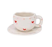 Koythin Ceramic Coffee Mug with Saucer Set, Cute Creative Red Heart Cup Unique Irregular Design for Office and Home, 10 oz/300 ml for Latte Tea Milk