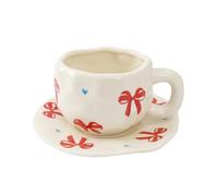 Koythin Ceramic Coffee Mug with Saucer Set, Cute Red Big Bow Cup Unique Irregular Design for Office and Home, 10 oz/300 ml for Latte Tea Milk