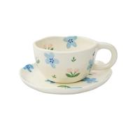 Koythin Ceramic Coffee Mug with Saucers, Handmade Flowers Mugs, Cute Cup for Girl Women, Aesthetic Tea Milk Cup with Handle, 8.5 oz/250 ml for Latte, Cocoa, Office, Home (Blue Flowers and Tulips)