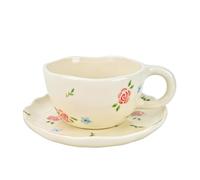 Koythin Ceramic Coffee Mug with Saucers, Handmade Flowers Mugs, Cute Cup for Girl Women, Aesthetic Tea Milk Cup with Handle, 8.5 oz/250 ml for Latte, Cocoa, Office, Home (Rose Blue Flower)