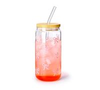 Koythin Glass Cups with Lids and Straws, Adorable Iced Coffee Tumbler for Tea Milk Smoothie Latte Juice, Bow Tie Glasses Drinking Set for Mom Girl Women, 17 oz/480 ml (Pink)