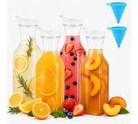 Kozdtiz 4 Pack 1.5L / 50 Oz Square Base Juice Containers, Plastic Water Carafe Pitcher with Funnel, Juice Jugs with Flip Top Lid, Mimosa Bar Supplies Pitcher for Tea Drinks