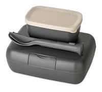 Koziol 7272701 Box, Snack Break, Breakfast Pot, Plastic, Reusable, Knife, Fork, Spoon, Outdoor, Camping, Picnic, Hiking, Vacation, Lunch to go, Cutlery Set of Three, Nature Ash Grey