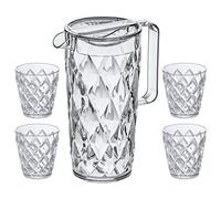 Koziol Superglas Crystal Pitcher Set - 1.5L Jug with Lid + 4 x 250ml Tumblers, Crystal-Clear Plastic with Diamond Effect, Luxurious, Unbreakable, Stackable, Dishwasher Safe, Garden Party & Camping