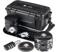 KOZO Premium Black Box with Original Grinders, Tray, and UV Jar. Built-in Lock & Keys - Decorative Storage Box Set - Perfect for Your Accessories (Rustic)