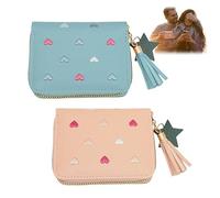 KOZOY Cute Girls Zipper Wallet, 2Pcs Tassels Purse for Girls, PU Leather Ladies Purse with Embroidery Hearts for Girl Kid Childrens Teenagers Women