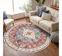 KOZYFLY Boho Round Rug 6 Ft Washable Non-Slip Doormat - Rust Orange Printed Faux Wool Vintage Floor Carpet for Entryway, Entrance, Bedroom