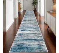 KOZYFLY Modern Abstract Hallway Runner Rug, 2.6x18 Washable Rug Runner Non-Slip Soft Striped Kitchen Runner Rugs, Print Distressed Blue Carpet Runner for Entryway Bathroom Laundry Room Foyer