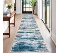 KOZYFLY Modern Abstract Kitchen Runner Rug, 2x12 Washable Rug Runner Non-Slip Soft Striped Hallway Runner Rugs, Light Blue Print Distressed Carpet Runner for Entryway Bathroom Laundry Room Foyer