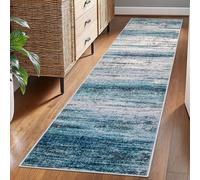 KOZYFLY Modern Abstract Runner Rug, 2x7 Kitchen Rugs Non-Slip Washable Soft Striped Runners for Hallways, Print Distressed Teal Blue Carpet Runner for Entryway Bathroom Laundry Room Foyer
