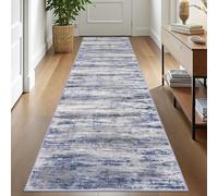 KOZYFLY Modern Abstract Washable Rug Runner 2.6x10 Hallway Rug Runner Non-Slip Soft Kitchen Runner Rugs, Grey-Blue Striped Carpet for Entryway Bathroom Laundry Room Foyer