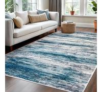 KOZYFLY Washable Area Rug 5x7 Modern Ombre Living Room Non-Slip Soft Striped for Bedroom, Print Distressed Teal Blue Abstract Carpet for Laundry Kid Room