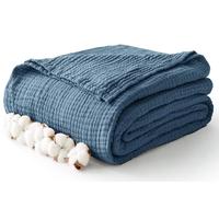 Kozyhvn 100% Cotton Muslin Blanket Queen 90" x 90", 6 Layers Breathable and Lightweight Cotton Throw for Bed, Soft Quilt Coverlet, Gauze Blanket for Adults All Season, Blue