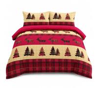 KOZZE FAB Christmas Stag Tartan 100% Cotton Flannelette Single Duvet Cover Set 135 x 200 cm with 1 Matching Pillowcase, Soft Brushed Warm Cosy Winter Bedding, Red Stag, Double