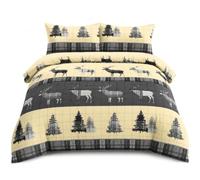 KOZZE FAB Christmas Stag Tartan 100% Cotton Flannelette Single Duvet Cover Set 135 x 200 cm with 1 Matching Pillowcase, Soft Brushed Warm Cosy Winter Bedding, Grey Stag, King