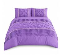 KOZZE FAB Eleanor Pintuck Pleated Duvet Cover Set, 50/50 Polycotton Pinch Pleat Striped Bedding,2 Matching Pillowcases, Soft Elegant Quilt Cover, Lilac, King