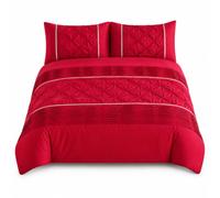 KOZZE FAB Eleanor Pintuck Pleated Duvet Cover Set, 50/50 Polycotton Pinch Pleat Striped Bedding,2 Matching Pillowcases, Soft Elegant Quilt Cover, Red, King